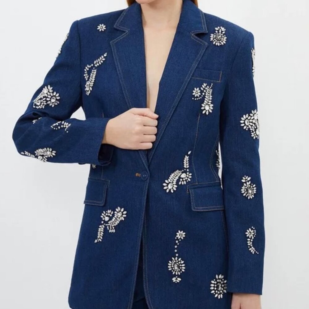 Embellished Denim Single Breasted Blazer